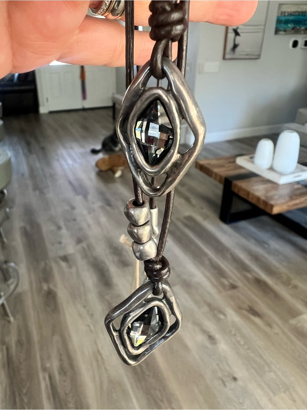 UNO de 50 Black and Silver Pendant Necklace with Faceted Crystals